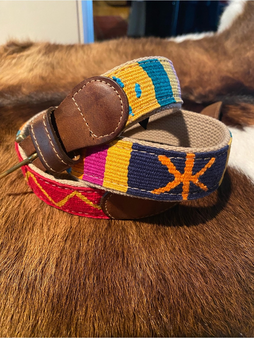 A Tail We Could Wag Needlepoint Belt Multicolor Leather Trim Canvas Preppy 34